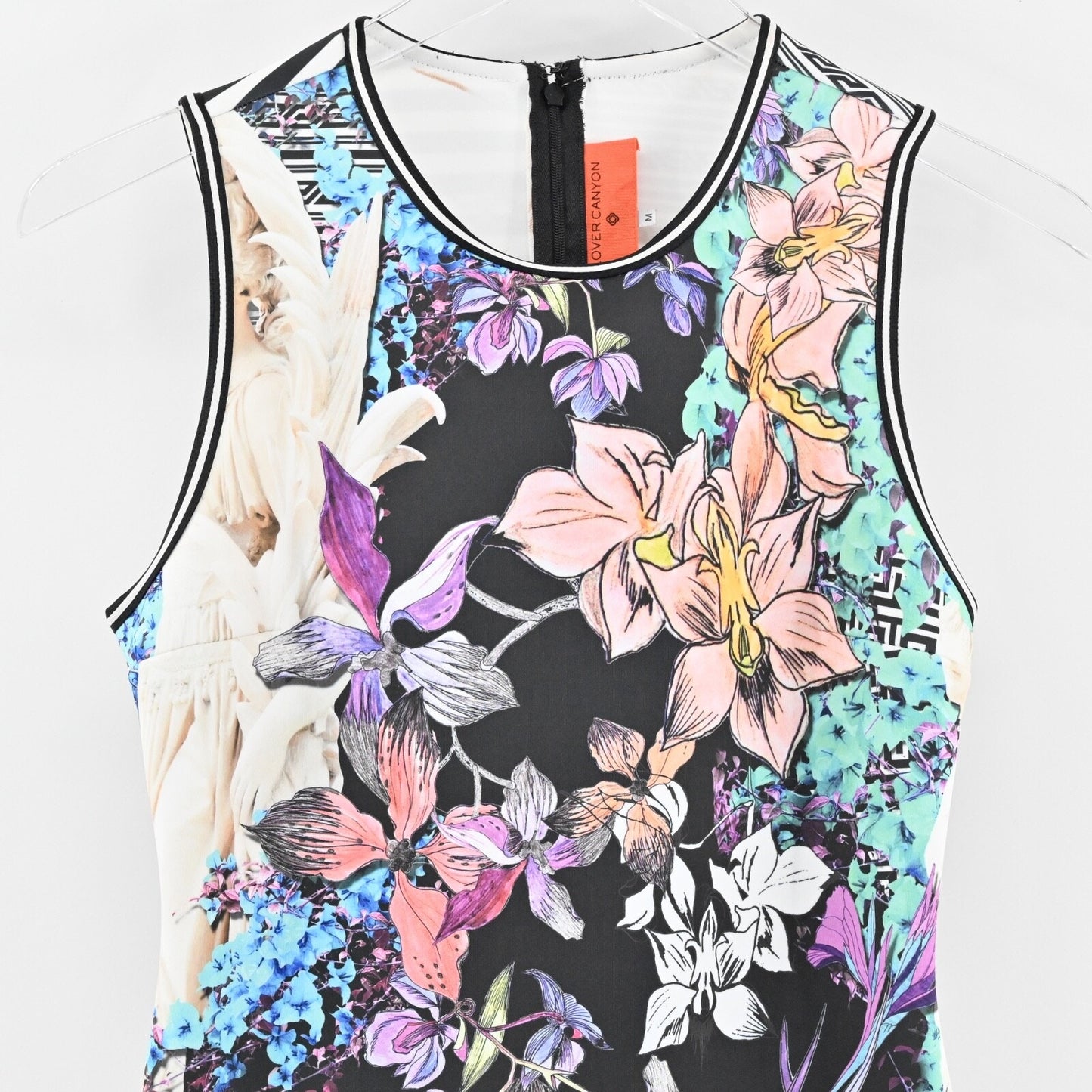 CLOVER CANYON Enchanted Garden Dress Sz M Sheath Black Floral Stripe Sleeveless