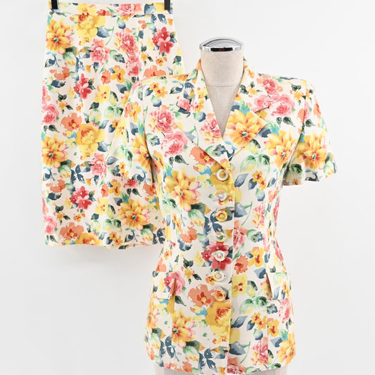 Vtg CHRISTIAN DIOR Womens Floral Skirt Suit Sz 2 Silk Short Sleeve Retro USA 80s