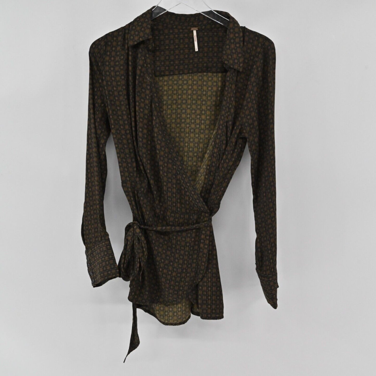 FREE PEOPLE Top Womens Sz S Black Twilight Combo Print Long Sleeve Arlo Tie Wrap