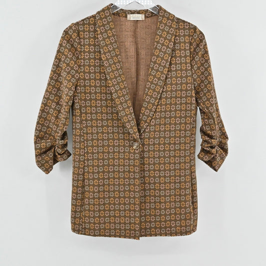 Altard State Floral Print Brown Blazer Size S Retro Mod Ruched 3/4 Sleeve USA