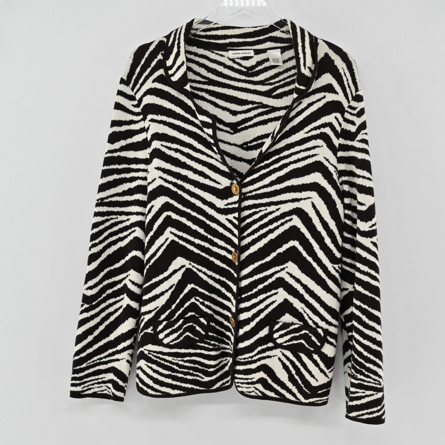 Vtg LAURA ASHLEY Sweater Jacket Womens Size L Zebra Print Button Down Cardigan