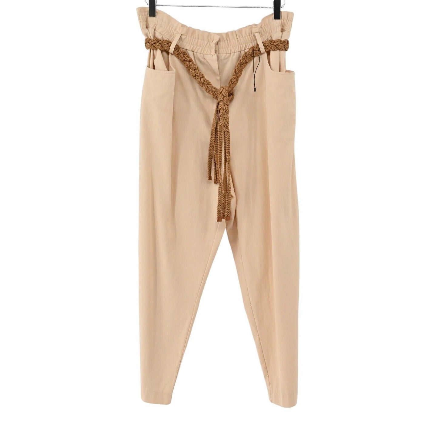 ZARA Pants Womens Sz XL Peach Cotton Blend High Rise Paperbag Braided Belt NEW