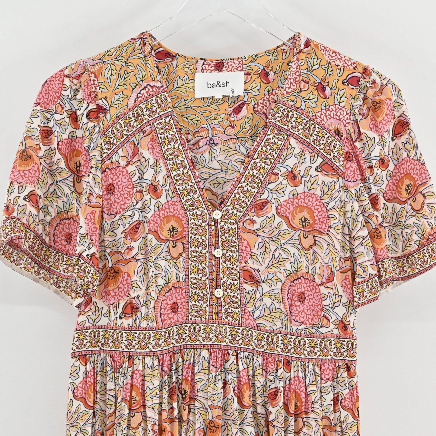 BASH Valia Dress Sz S Ocre Floral Bohemian Feminine Whimsical Romantic Ethereal