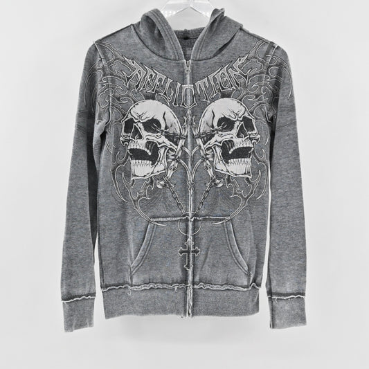 Affliction Womens Shred Fest Full Zip Jacket Size M Gray Black Hooded Skull Rock