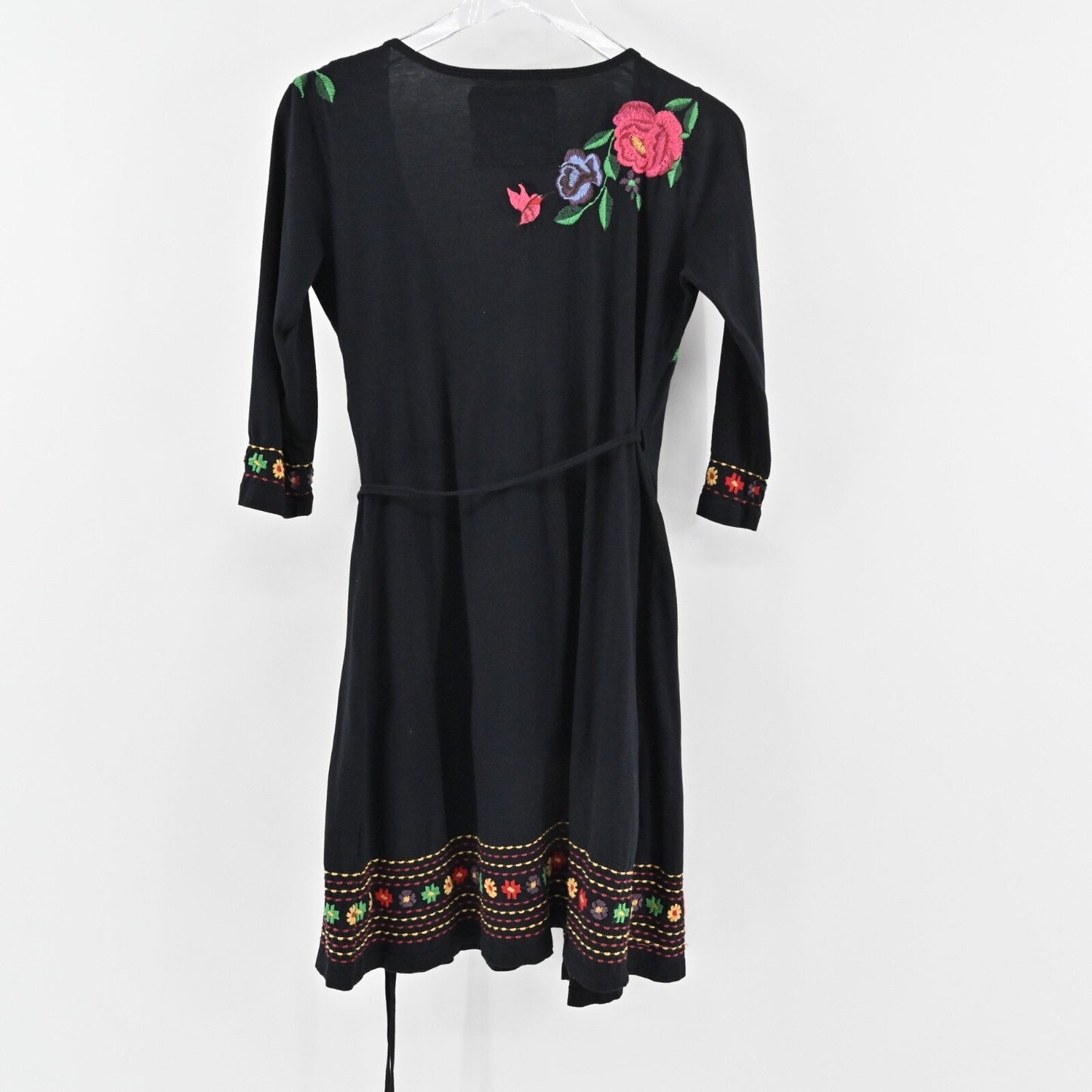 JOHNNY WAS Embroidered Wrap Dress Size S Black Floral Cotton V Neck 3/4 Sleeve