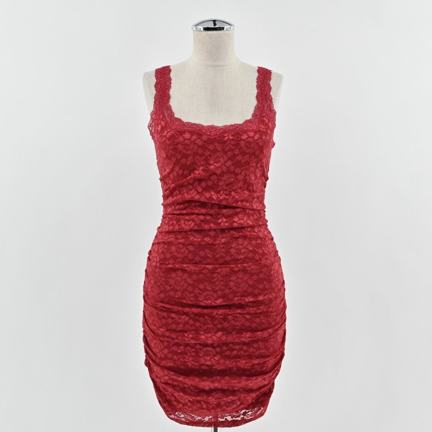 Vtg Y2k Red Lace Mini Dress Size XS Ruched Coquette Elegant Siren Sexy Romantic