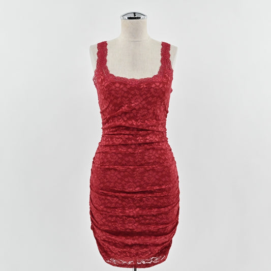 Vtg Y2k Red Lace Mini Dress Size XS Ruched Coquette Elegant Siren Sexy Romantic