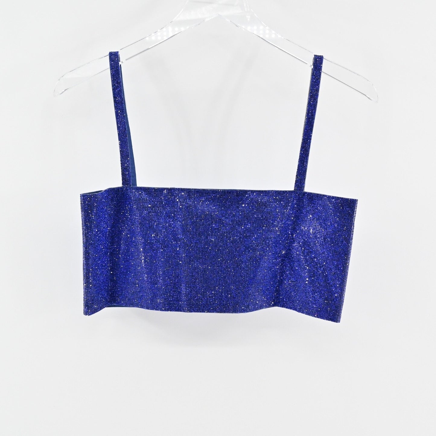 12TH TRIBE Womens Rhinestone Top Sz S Blue Square Neck Spaghetti Strap Crop Glam