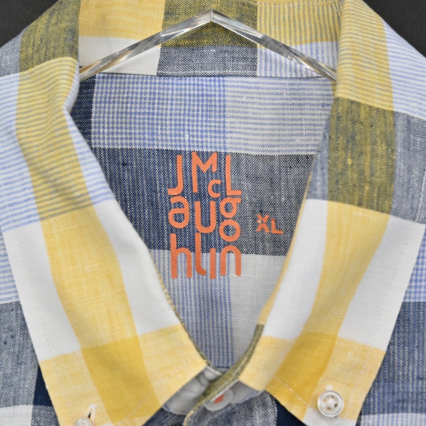 J McLaughlin Mens Plaid Collared Shirt Size XL Linen Blue Yellow Button Down