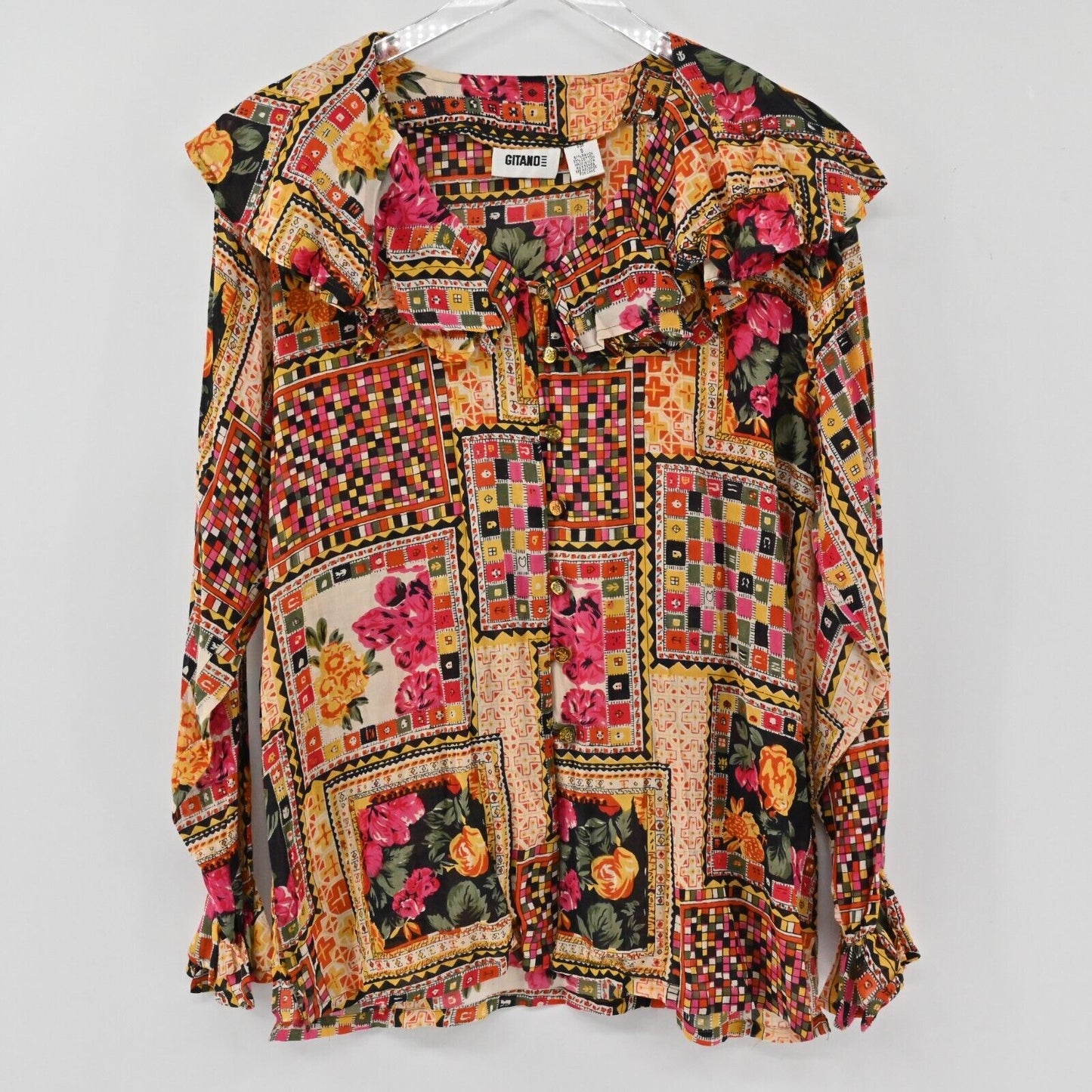 Vtg GITANO Top Womens Size S Patchwork Ruffle Long Sleeve Multicolor Blouse