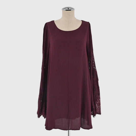 ALTAR'D STATE Boho Bell Sleeve Dress Sz L Shift Burgundy Floral Lace Whimsigoth