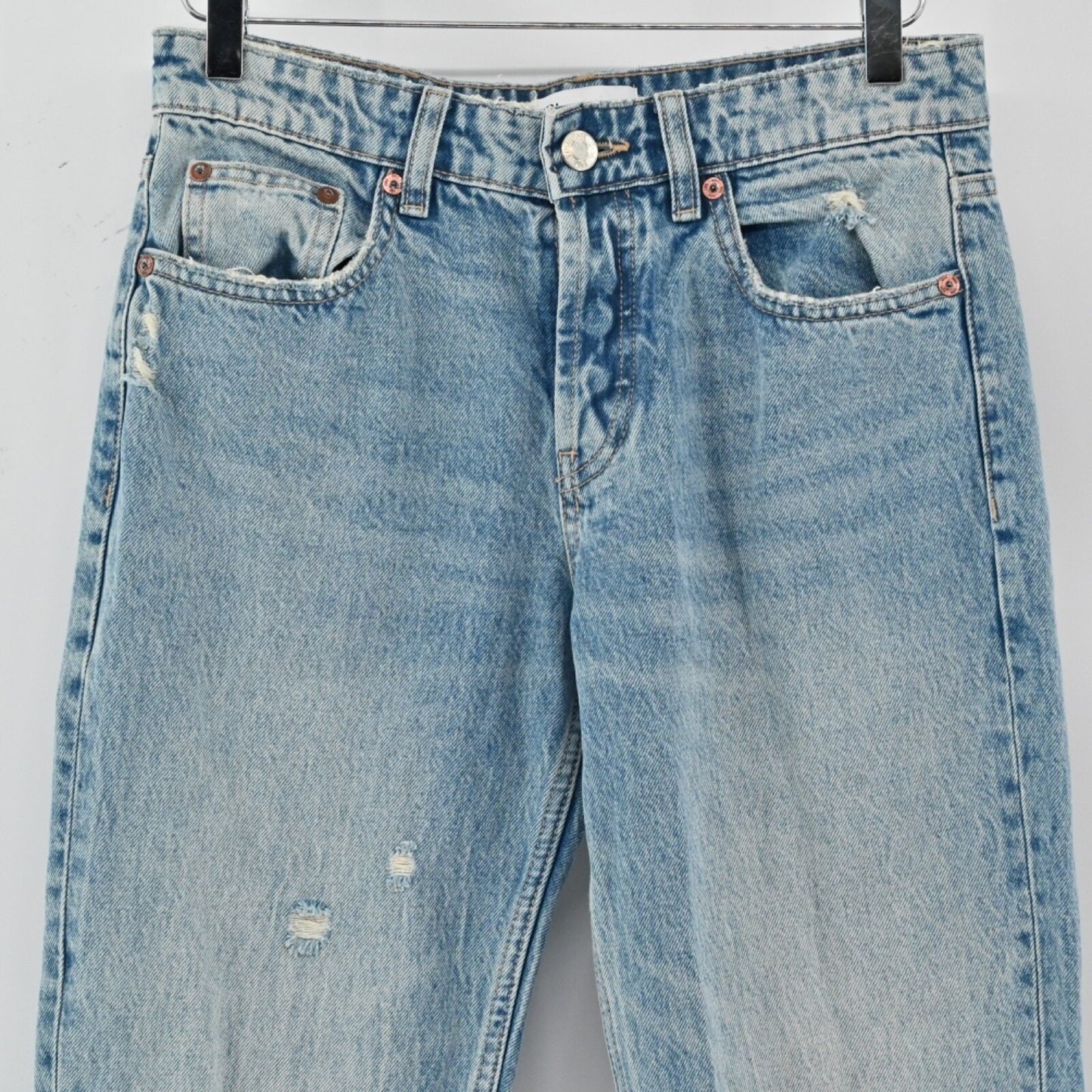 ZARA Womens Button Fly Jeans Size 4 Straight Leg Light Wash Distressed Mid Rise