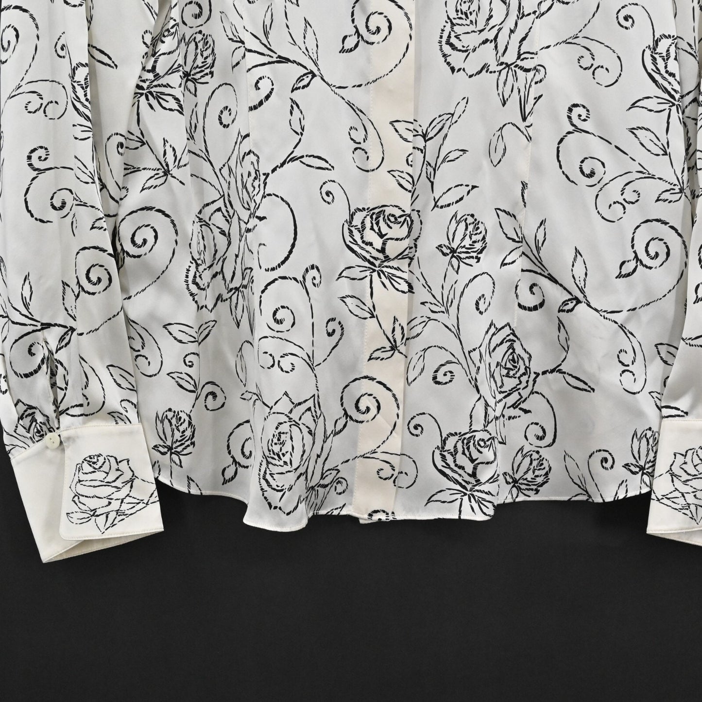 Vtg Womens Floral Silk Top Size 10 Satin Black Ivory Print Blouse STARINGTON 80s