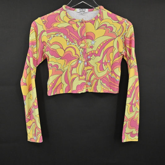Frankies Bikinis Womens Cheri Terry Cardigan Size S Psychedelic Print Cropped