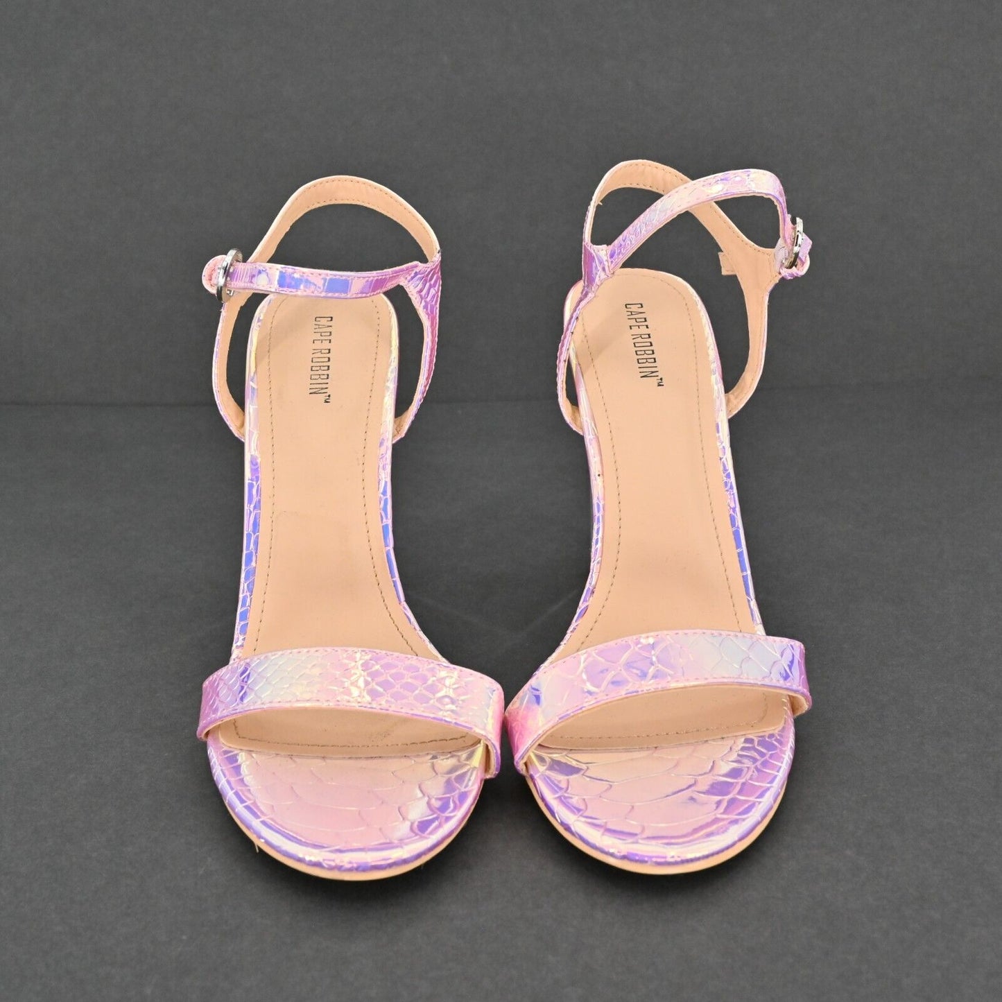 CAPE ROBBIN Heels Womens Size 8.5 Iridescent Purple Croc Clear Block Ankle Strap