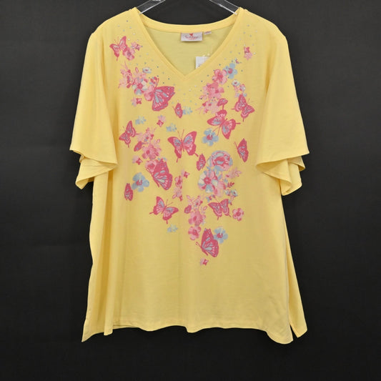 Quacker Factory Womens VNeck Yellow Pink Butterfly Top Sz 3X Rhinestone Tee NEW