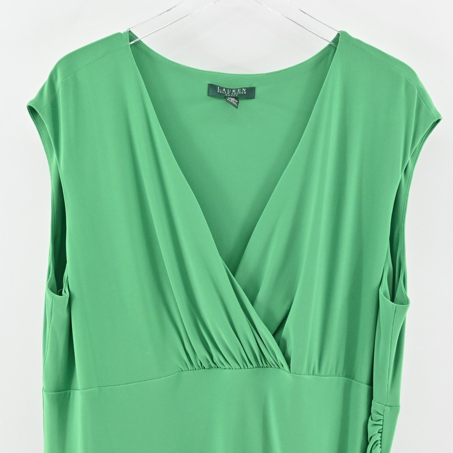 LAUREN RALPH LAUREN Dress Size 20W Solid Green VNeck Ruched Jersey Stretch LRL