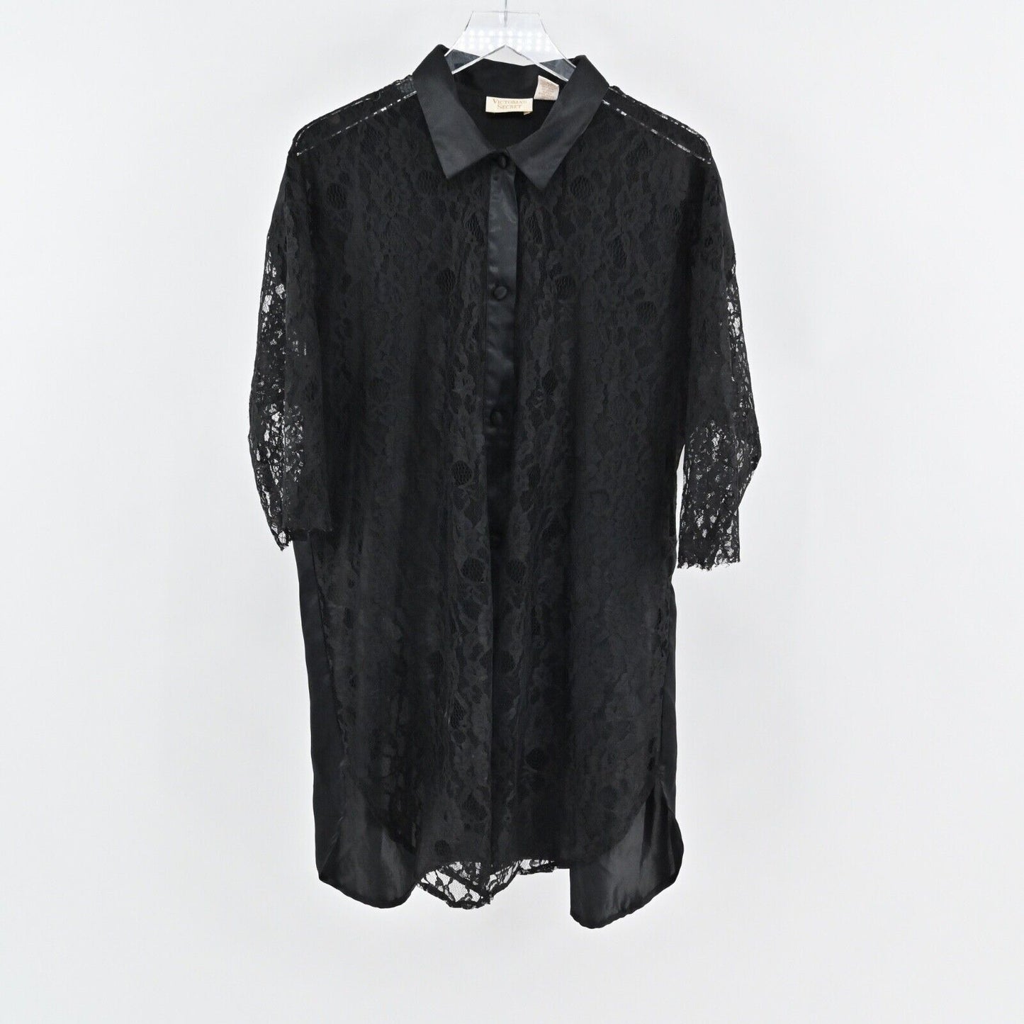 Vtg VICTORIAS SECRET Gold Label Dress Size M/L Black Satin Sheer Floral Lace 80s