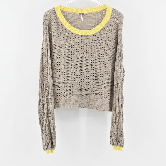 Free People Sweater Womens Large Tan Yellow Open Knit Pullover Boho Lightweight