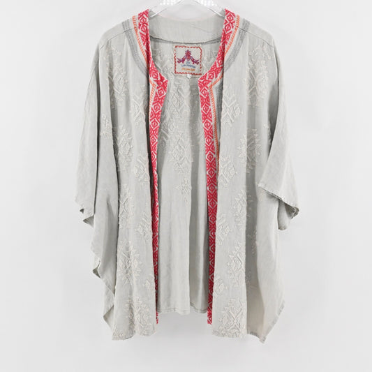 JOHNNY WAS Womens Linen Kimono Size L Embroidered Trim Batwing Boho Open Front
