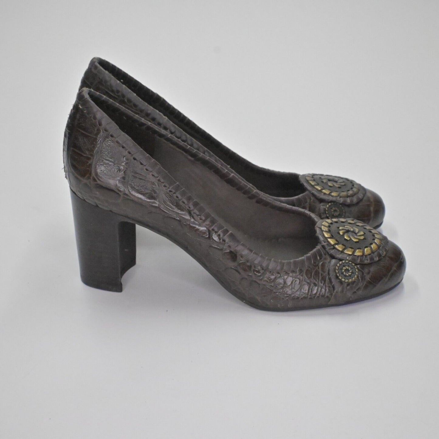 JACK ROGERS Heels Womens Size 7 Coin Isabelle Brown Croc Leather Pump Round Toe