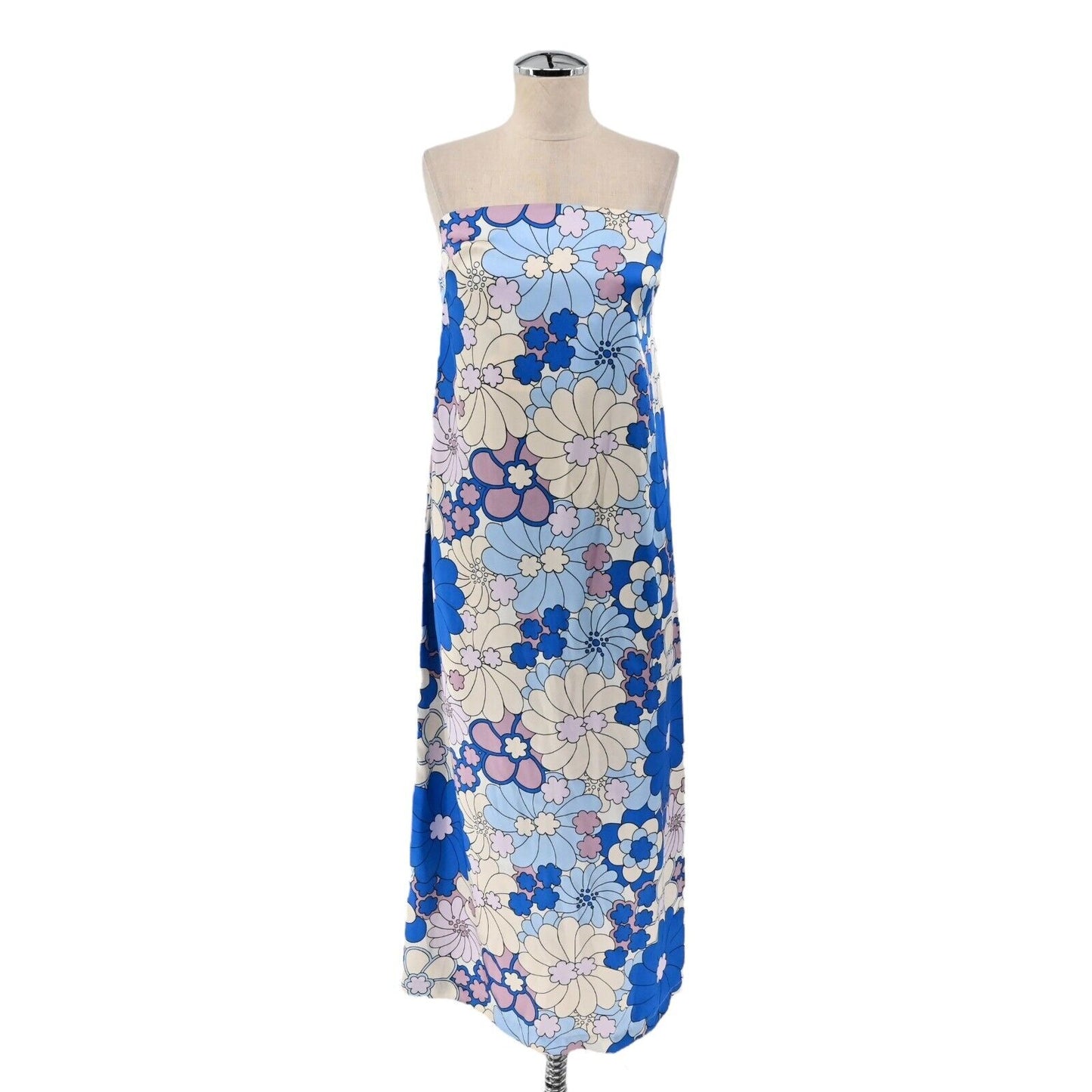 ZARA Dress Womens Sz M Blue Purple Retro Floral Strapless Midi 60s Mod 70s Boho