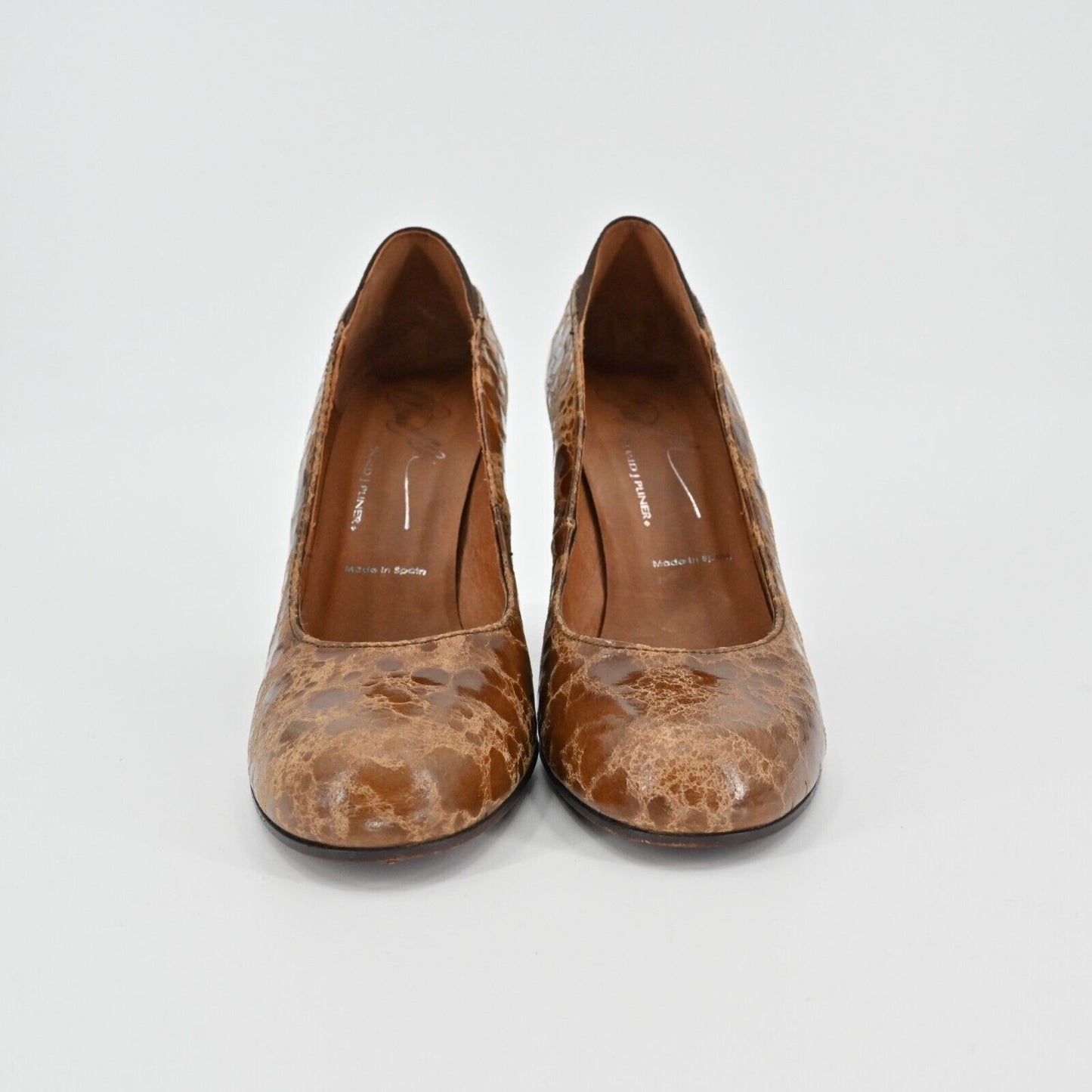 DONALD J PLINER Heels Womens Sz 6 Casey Brown Round Embossed Leather Block Pumps