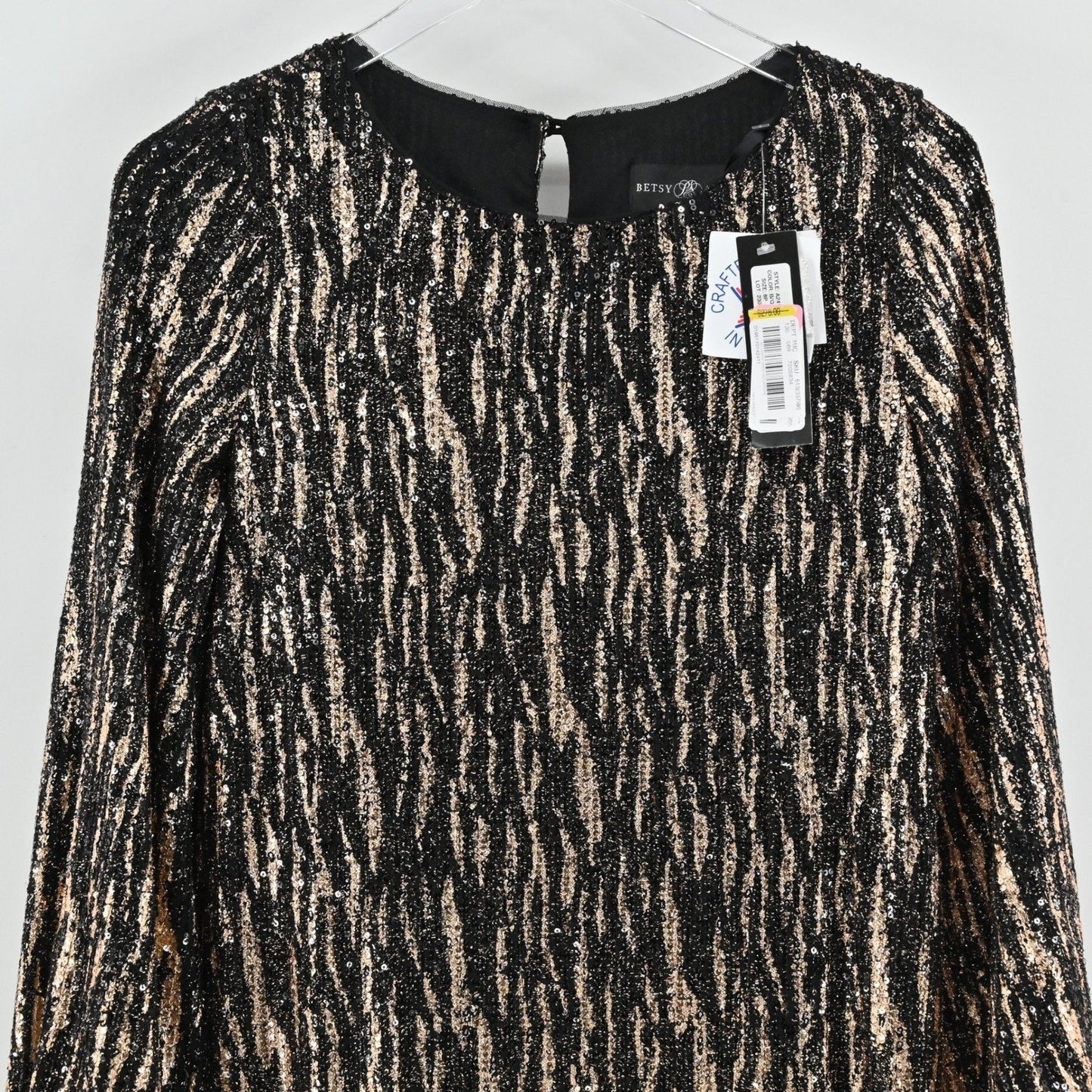 Betsy Adam Sequin Dress Size 8P Black Gold Bell Sleeve Mod Twee Retro Cocktail