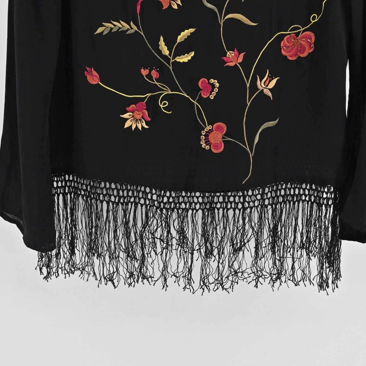 Josephine Chaus Womens Silk Top Size 8 Black Floral Embroidered Fringe Trim Boho