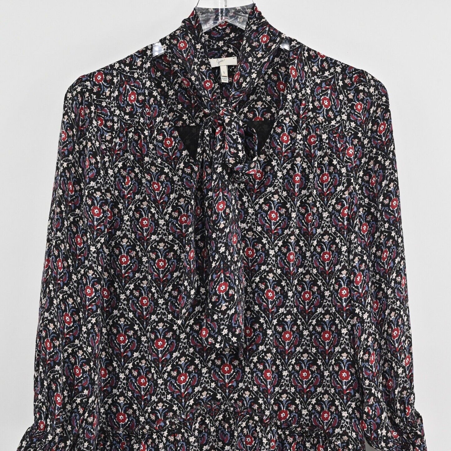 JOIE Dress Sz S Jamira Black Floral Silk Tie Neck Bell Sleeve Ruffle Mini Ditsy