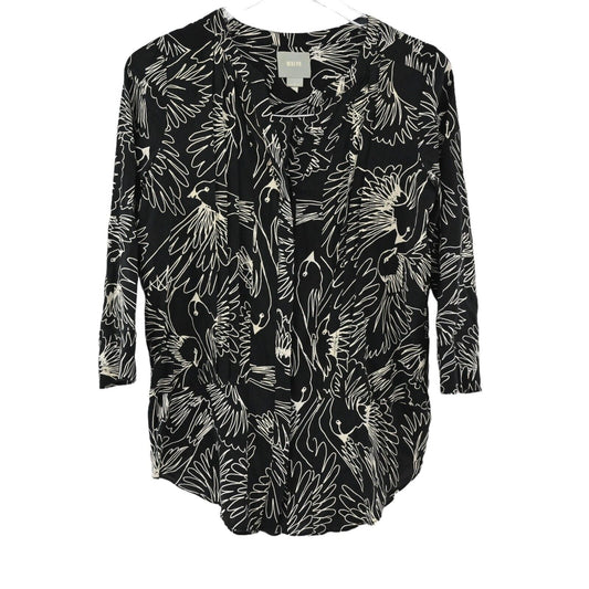 ANTHROPOLOGIE Top Womens Size 2 Maeve Bird Novelty Print Pleated Pintuck Blouse