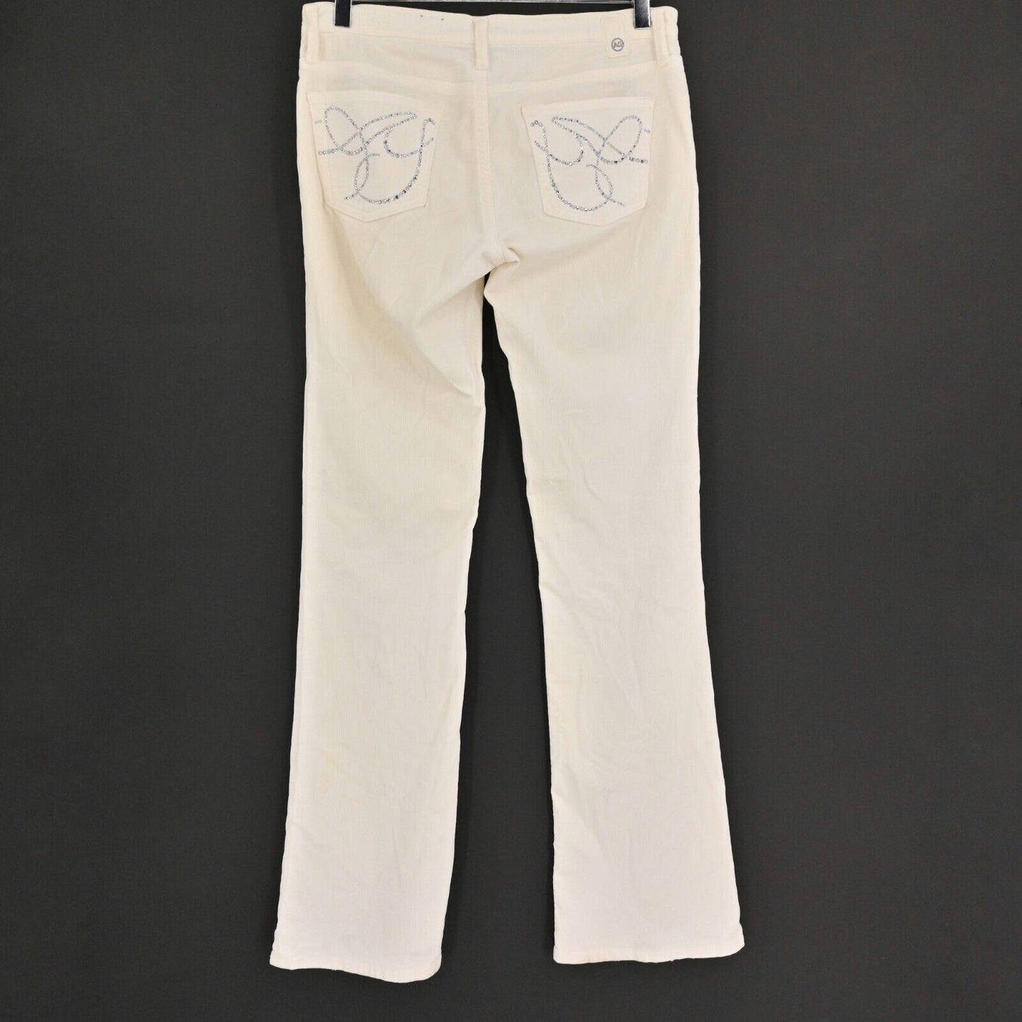 AG Pants Womens Sz 27 Ivory Corduroy The Angel Bootcut Low Rise Rhinestone Logo