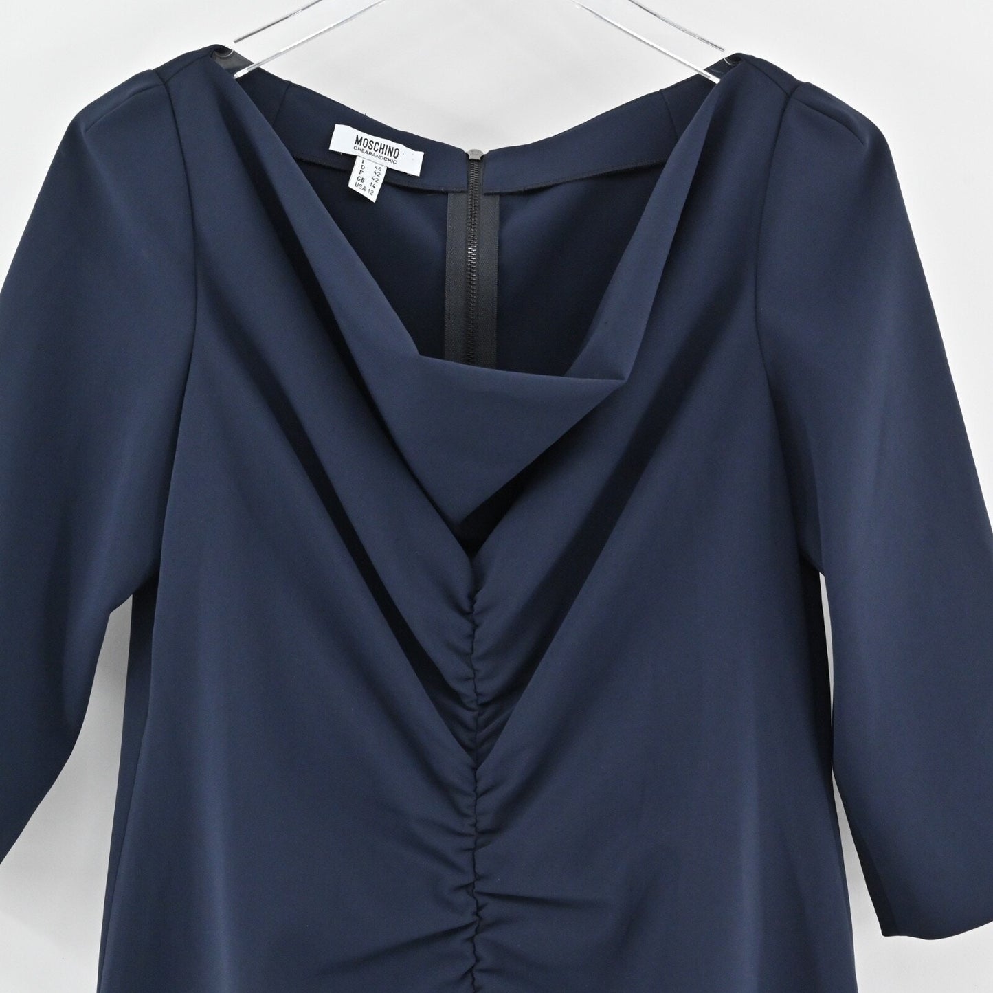 MOSCHINO Ruched Sheath Dress Size 12 Navy Boat Neck 3/4 Sleeve CHEAP AND CHIC