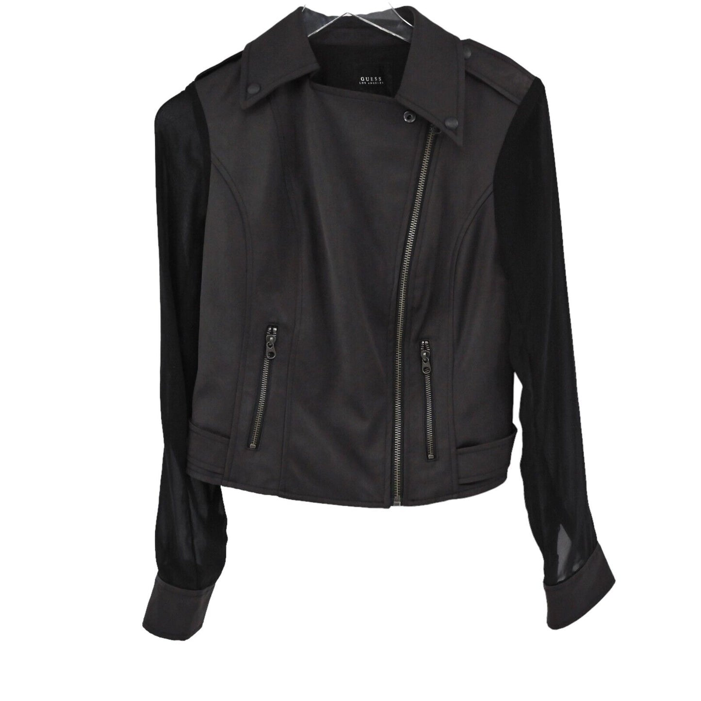 GUESS Jacket Womens Sz S Black Asymmetric Full Zip Sheer Sleeve Crop Moto Grunge