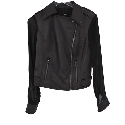 GUESS Jacket Womens Sz S Black Asymmetric Full Zip Sheer Sleeve Crop Moto Grunge