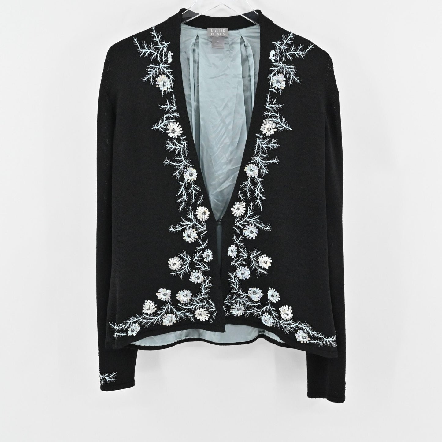 SIGRID OLSEN Womens Beaded Jacket Sz XL Black Sequin Floral Trim Knit Cardigan