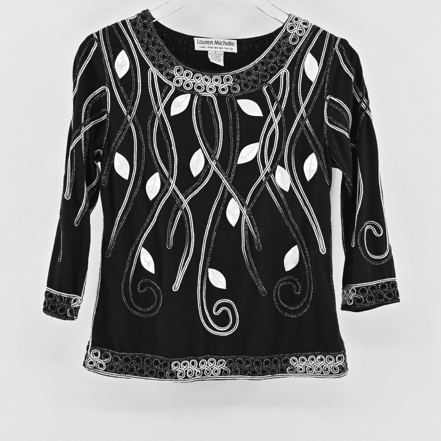 Vtg Lauren Michelle Womens Black Embroidered Top Size S Art Elegant Embellished