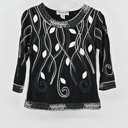 Vtg Lauren Michelle Womens Black Embroidered Top Size S Art Elegant Embellished