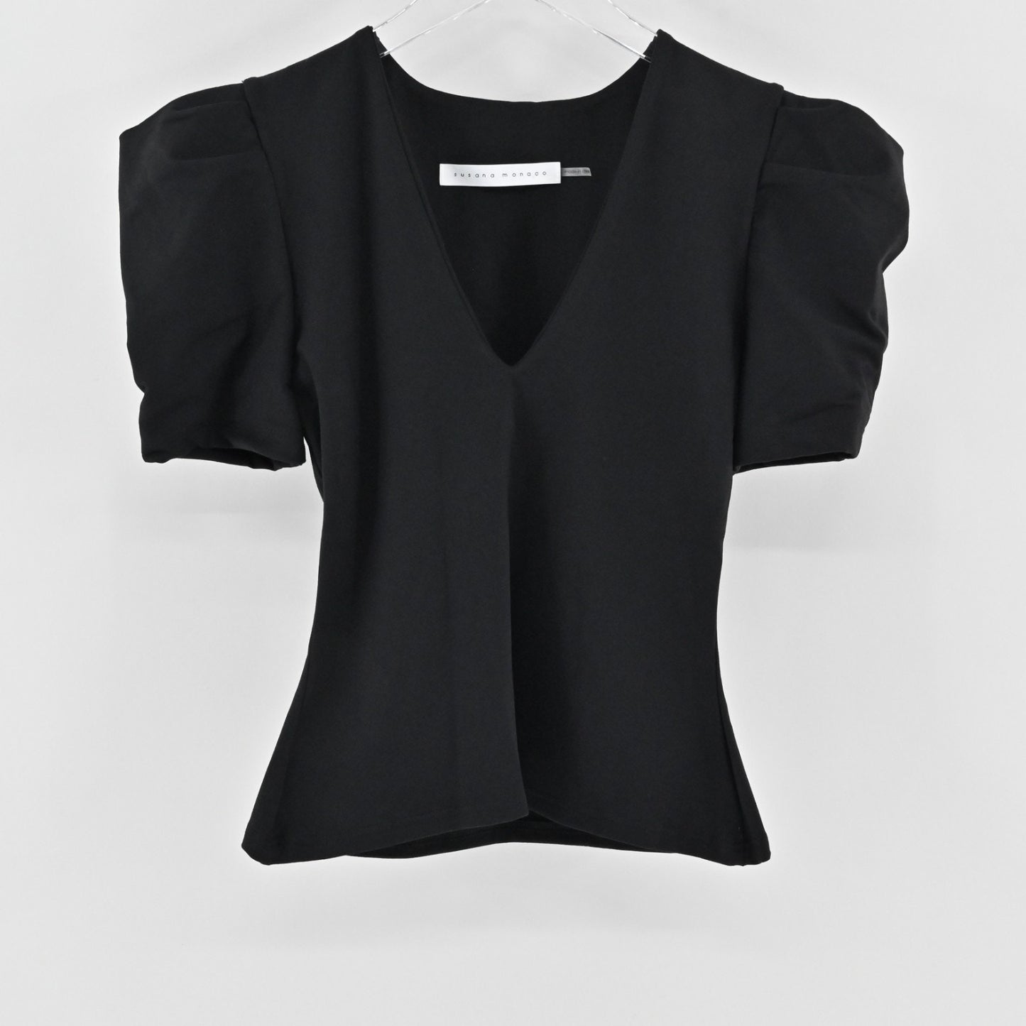 Susana Monaco Womens Pleated Puff SleeveTop Size XS Fitted Black Deep V Blouse