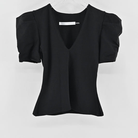 Susana Monaco Womens Pleated Puff SleeveTop Size XS Fitted Black Deep V Blouse
