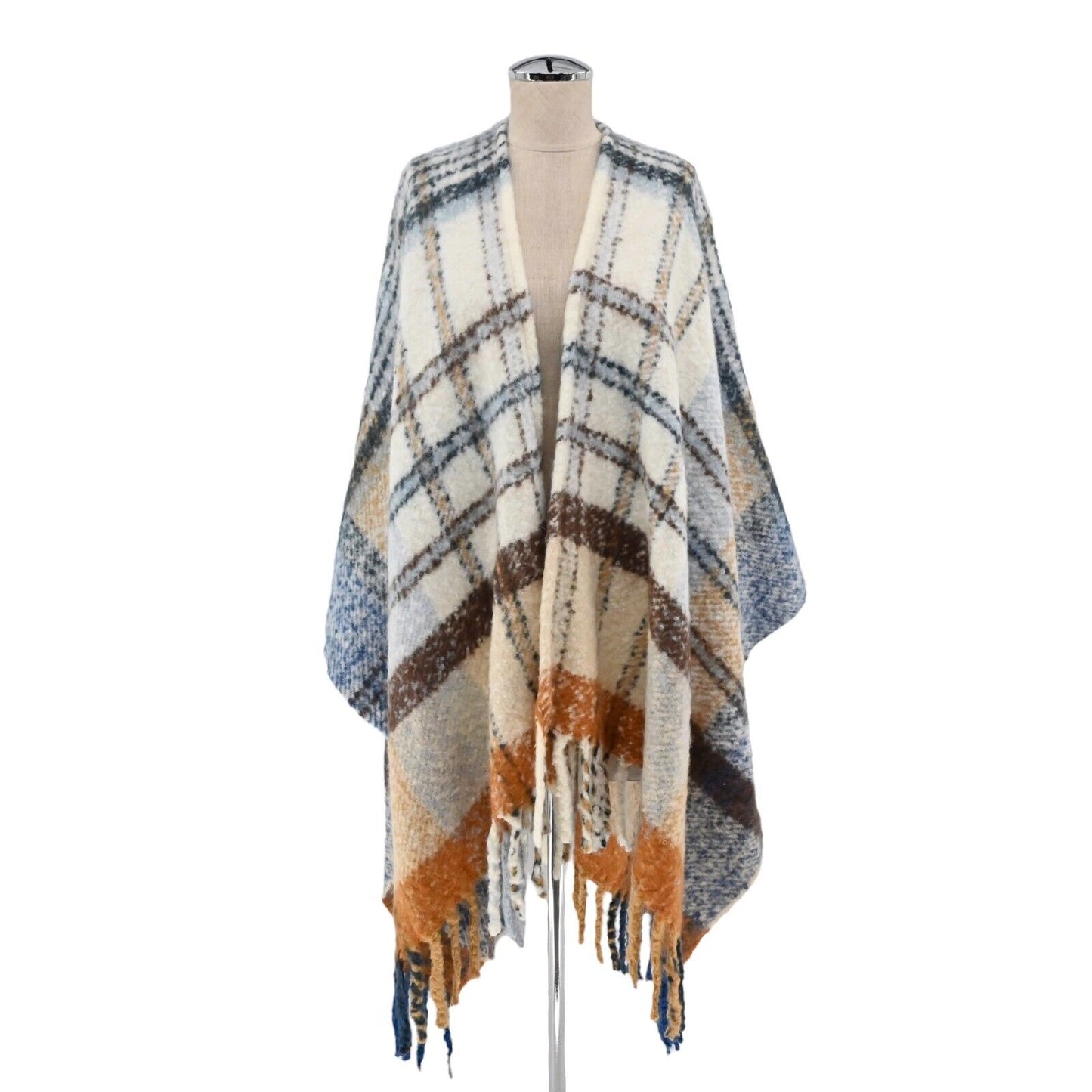 UNIVERSAL THREAD Shawl Sweater Womens Sz OS Soft Knit Plaid Topper Poncho Fringe