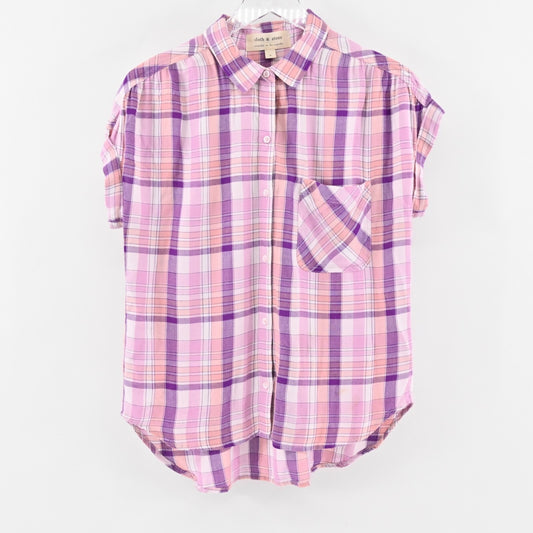 CLOTH STONE Top Womens Sz S Pink Purple Plaid Button Front Short Sleeve Western