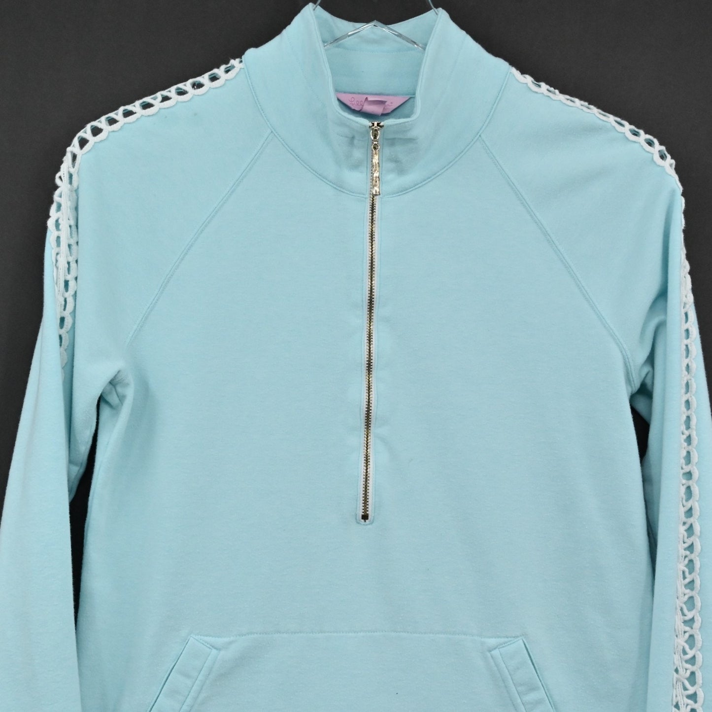 Lilly Pulitzer Womens Skipper Pullover Size S Teal Mock Neck Crochet Sweatshirt