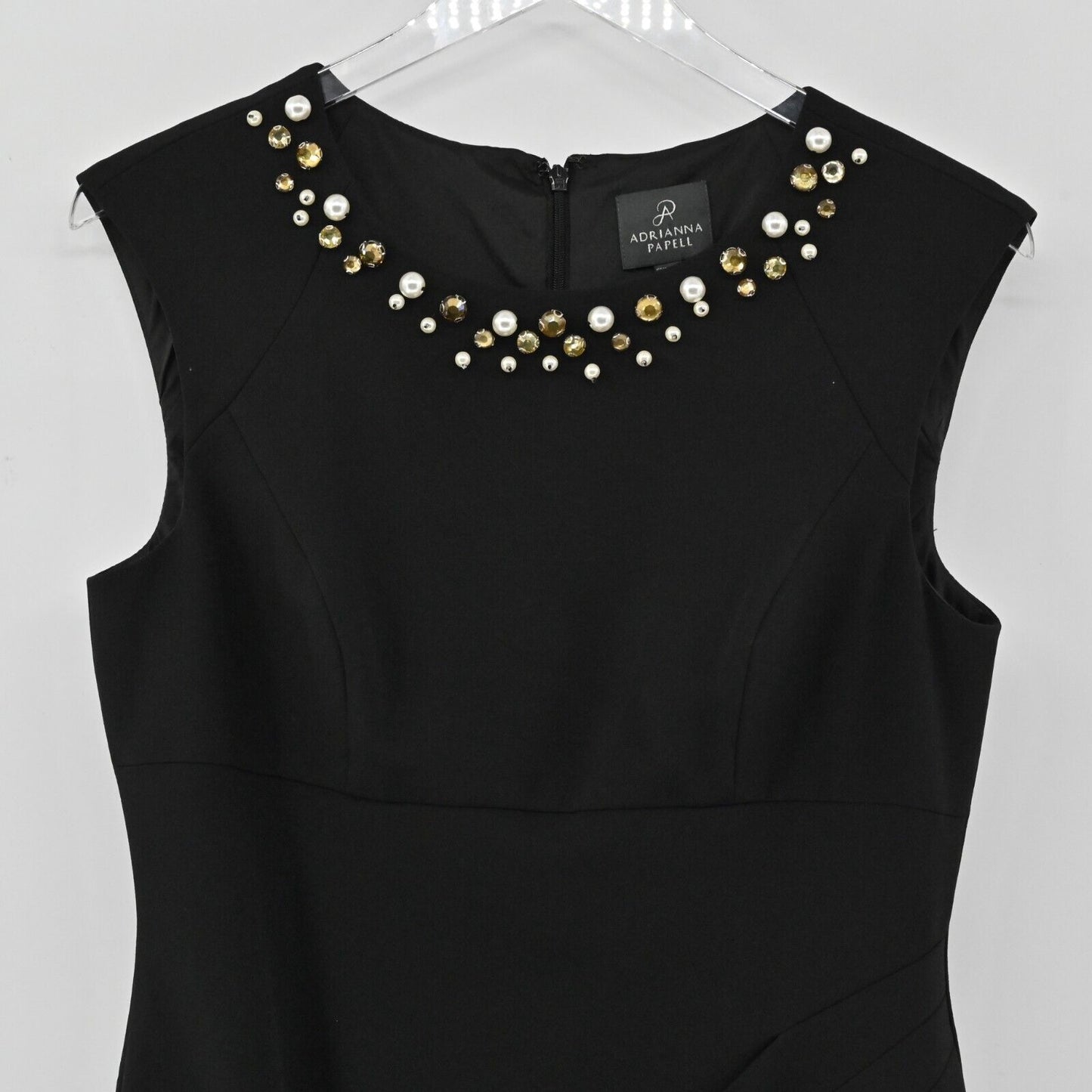 ADRIANNA PAPELL Dress Womens Size 10 Beaded Neck Solid Black Ruched Sleeveless