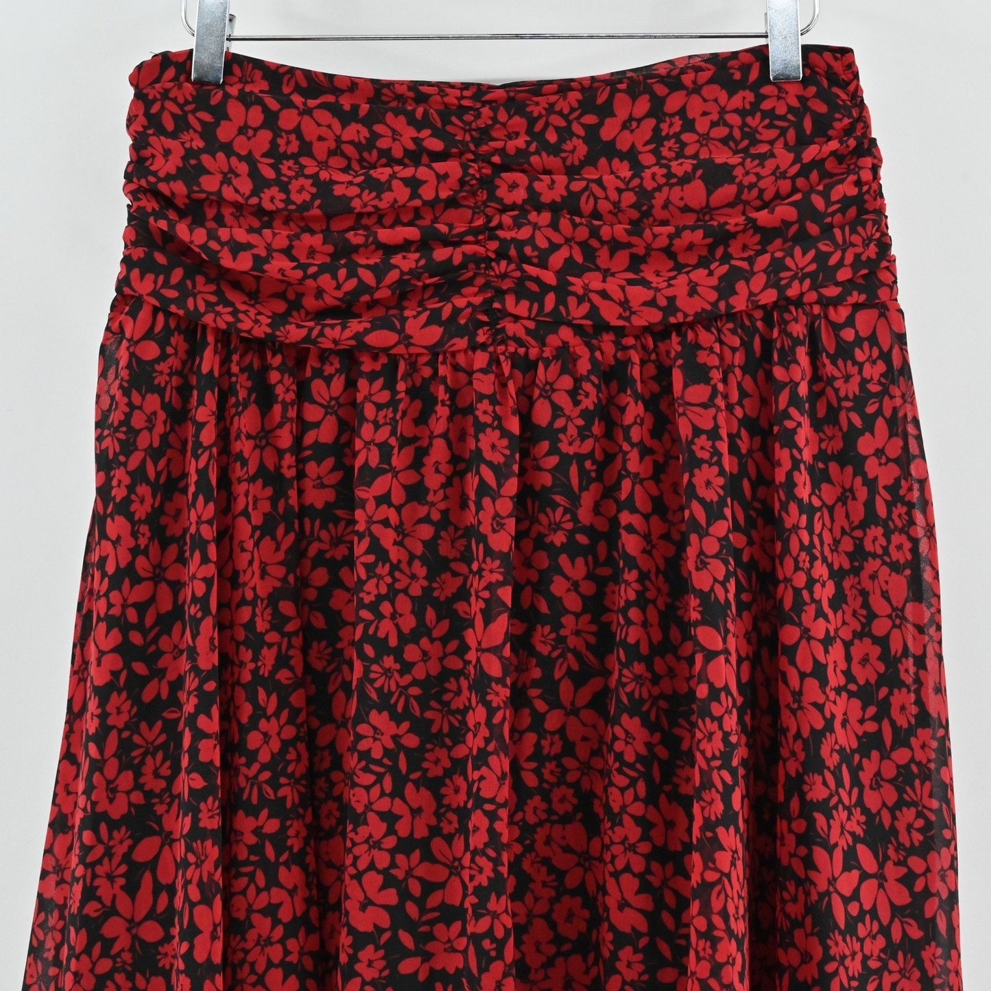 Karl Lagerfeld Ruched Floral Midi Skirt Size 8 Chiffon Ruffle Handkerchief Hem