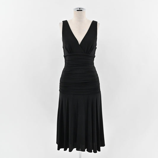 BCBGMAXAZRIA Dress Size M Black Sleeveless VNeck Ruched Drape Stretch Drop Waist