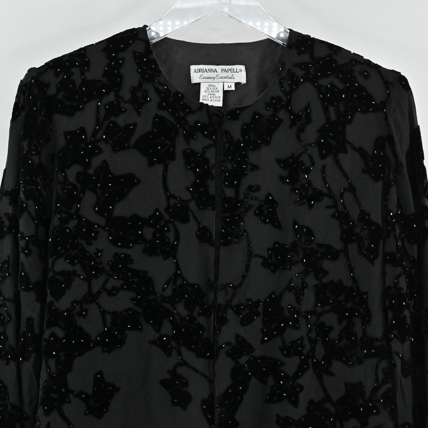 Vtg Adrianna Papell Black Silk Jacket Size M Velvet Beaded Floral Embellished