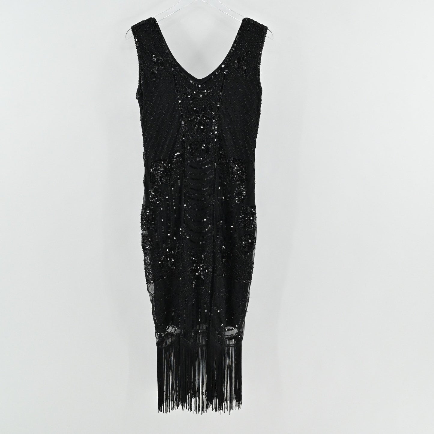 PrettyGuide Sequin Fringe Cocktail Midi Dress Size L Gatsby Glam Flapper Black