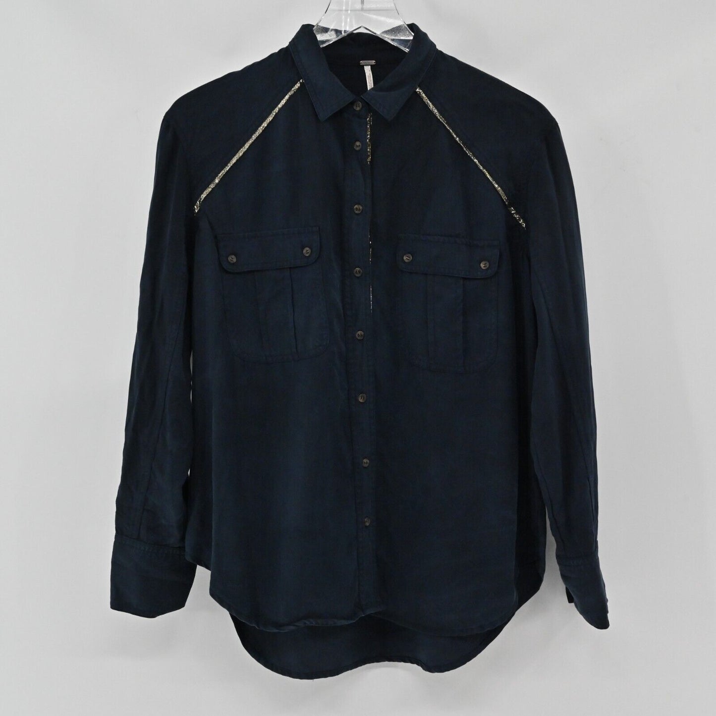 FREE PEOPLE Top Womens Sz S Off Campus Metallic Shimmer Navy Button Down Blouse