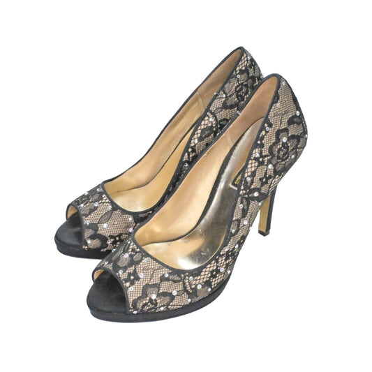BENJAMIN ADAMS Pumps Womens Sz 7.5 Black Lace Rhinestone Peep Toe Stiletto Heel
